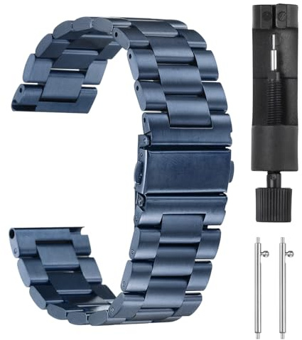 QUARKZMAN Klockarmband i rostfritt stål 22 mm metall fjärilsspänne med bad snabb frigöring massivt stål kedja med adapter för smarta klockor blå