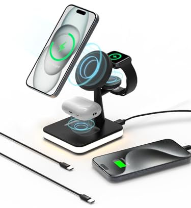 QUVFHE Cargador inalámbrico 4 en 1 con luz y 1 puerto USB para Apple, soporte magnético inalámbrico para iPhone 17/16/15/14/13/12, iWatch Series 11/10/9/8/7/Ultra 3/2/SE 3/2, Air Pods 4/3/Pro3/2(negro
