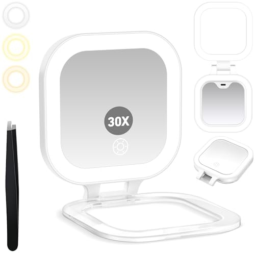 GOMIPURU Taschenspiegel mit Vergrößerung 30x/1x, Doppelseitig & Type C Wiederaufladbar, Reisespiegel mit Licht und Einstellbarer Helligkeit, Rasierspiegel mit Vergrößerung für Handheld/Hängend/Tisch