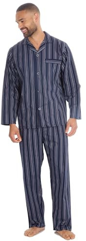 INSIGNIA Mens Woven Pyjamas Traditional with Logo Pocket (UK, Alpha, M, Regular, Regular, Navy Stripe)
