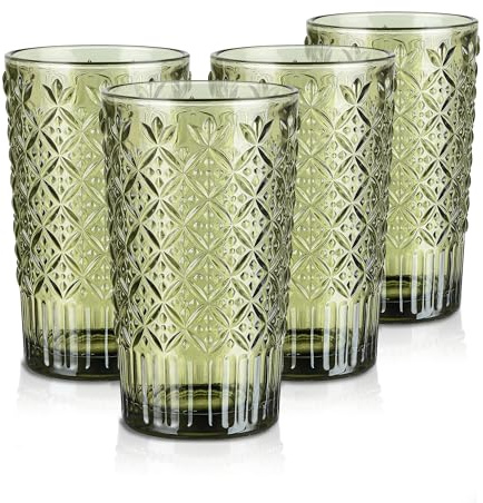 Joeyan 400ml Vasos de Cristal agua Verde,Juego de 4,Apto Lavavajillas | Colores Vasos Altos de Vidrio,Relieve Cuadros de Caramelo,Modernos Cristalería para Refrescos,Café,Té,Cerveza,Leche,Cócteles