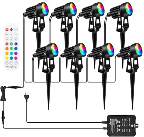 COOLWEST Faretti da Giardino RGB con Telecomando e Sensore di Luce, 20M/65.6FT Lampioni da Giardino Esterno IP65 Impermeabile, 3W Illuminazione da Esterno LED 24V con Timer per Alberi, Sentier