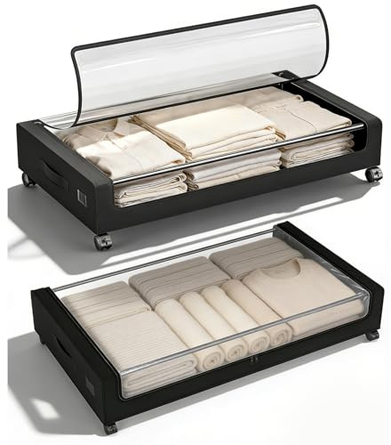 Sekey 2 Stück 50L Unterbett-Aufbewahrungsbox mit Rollen, Kleiderschrank Organizer Aufbewahrungstasche, Metallrahmen & Durchsichtigem Deckel, Rollbare Bettkasten für Kleidung/Bettwäsche, Schwarz