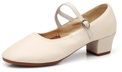 2026 Zapatos de disfraz, zapatos tradicionales de tacón, zapatos de baile gruesos, zapatos de novia, bailarinas de tacón cuadrado, zapatos elegantes con hebilla de tacón, Blanco, 43 EU