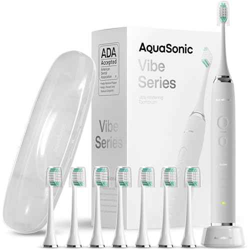 Aquasonic Vibe Serie Ultra Aufheller Zahnbürste - ADA Geprüfte elektrische Zahnbürste - 8 Bürstenköpfe & Reiseetui - Ultra Sonic Motor & Wireless Charging - 4 Modi mit Smart Time – Satin Optic White