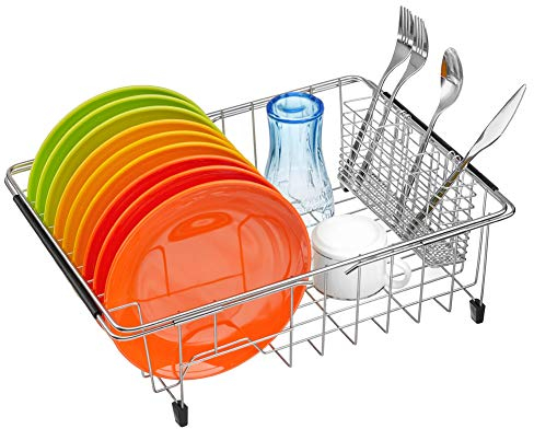 SANNO Geschirrtrockner und Utensilienständer, erweiterbar über Spülbecken-Abtropffläche, verstellbar über der Spüle Abtropffläche, Geschirrträger