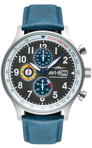 AVI-8 Hawker Hurricane Men's Pilot Watch – Classic Chronograph, Japanese Quartz Movement, 42mm Stainless Steel Case, Leather Strap, AV-4011-0F - Pennant Blue