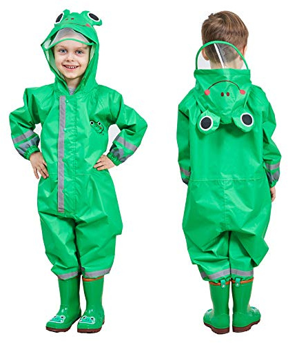 JinBei Boys Raincoat Kids Puddle Suit Hooded Lightweight Green Frog Poncho Rainwear Muddy Portable All in One Waterproof Rainsuit Breathable PVC Transparent Hat Brim Zipper 5-7 Years