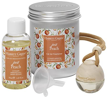Hassett Green London Just Peach Car Air Freshener & Refill Kit | Empty wooden-top freshener & 50ml oil, Sweet, juicy peach aroma, Refillable design, For cars & small spaces