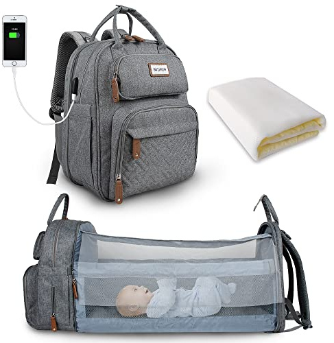 SNDMOR sac à langer pour bébé sac à dos, sacs à langer grande capacité, sac à langer de voyage portable avec lit pliable, mode imperméable (Gris Clair)
