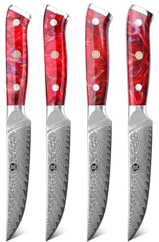 WILDMOK Steakmesser-Set mit 4 Damaststahl-Steakmessern 13cm, ultrascharf, gezahntes Steakmesser-Set mit Harzgriff, Küchenmesser-Set mit Geschenkbox