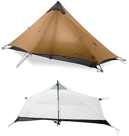 Telomat 3F Lanshan1 Ultralight 1-Person 3/4 Season Portable Backpacking Tent - Poleless Double Layer, 15D Silicon Coated Waterproof for Camping, Climbing, Hiking (Khaki)