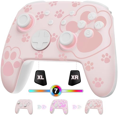 PALPOW Switch 2 Pro Controller Wireless Kompatibel mit Switch 2/OLED/Lite, Hall Effect Switch Controller FUNLAB Firefly Bluetooth Gamepad mit 7 LED Farben/Paddle/Turbo - Katzenpfote Rosa