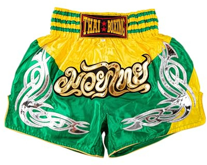 MUAY NATION Muay Thai shorts för män kvinnor smal skärning MMA boxning shorts träning kickboxning kläder kampsport koffertar, Prm grön/gul, XL