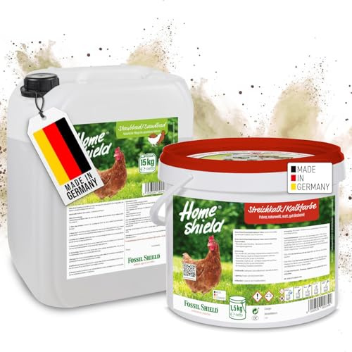 Home Shield Bundle - 1,5 kg Eimer Kalkfarbe weiß & 15 kg Kanister Sandbad - Streichkalk für den Hühnerstall zum Anrühren & Staubbad für Hühner & Geflügel