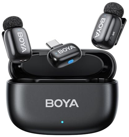 BOYA Mini Microfono Wireless per iPhone15/16 Android, Microfono Lavalier USB-C Ultraleggero 5g, Voice Change, Riduzione del Rumore, Mic Mini, 30h Utilizzo, Microfoni Wireless Professionali Type C
