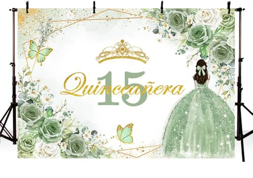 AIBIIN Toile de fond Quinceañera pour 15e anniversaire - 2,1 x 1,5 m - Motif floral et papillon - Décoration de fête d'anniversaire - Bannière pour filles - Accessoires photo
