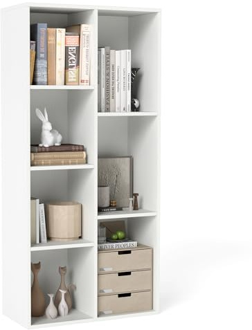 KOMFOTTEU Librería Abierta con 7 Cubos, Estantería para Libros Vertical y Horizontal, Mueble de Almacenamiento de Madera con 2 Kits Antideslizantes, para Salón Oficina, 49,5 x 23 x 106 cm (Blanco)