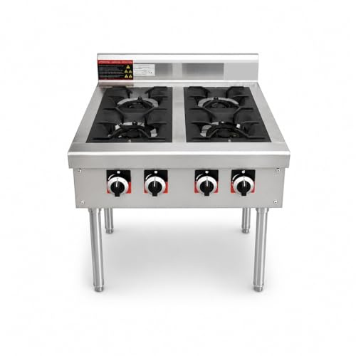 GreoShop Fornello Professionale a Gas 4 Fuochi in Acciaio Inox con Supporto regolabile in Altezza–Cucina Industriale per Ristoranti, Pizzerie e Catering, Bruciatori, Struttura Professionale