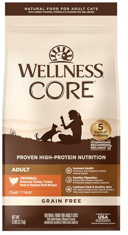 Wellness CORE Adult Dry Cat Food, Natural, Grain Free Kibble, Turkey and Chicken Recipe, 5 lb Bag
