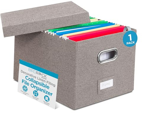 Internet's Best Collapsible File Box Storage Organizer with Lid - Decorative Linen Filing & Storage Office Boxes – Hanging Letter/Legal Folder – Home Office Bins Cabinet – Grey Container - 1 Pack