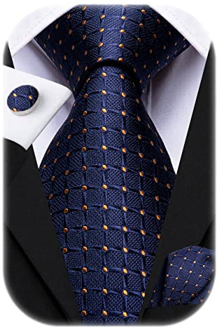 Hi-Tie Mens Navy Blue Ties Silk Plaid Necktie Woven Paisley Ties with Pocket Square Cufflinks Set for Wedding Party