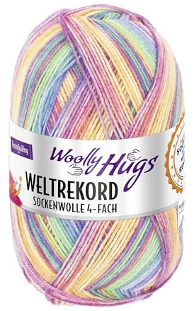 Woolly Hugs World Rekord - Ovillo de lana para calcetines (100 g, 75% lana virgen y 25% poliamida, 420 m de longitud, hilo para calcetines resistente, parte del proyecto de punto récord mundial (01)