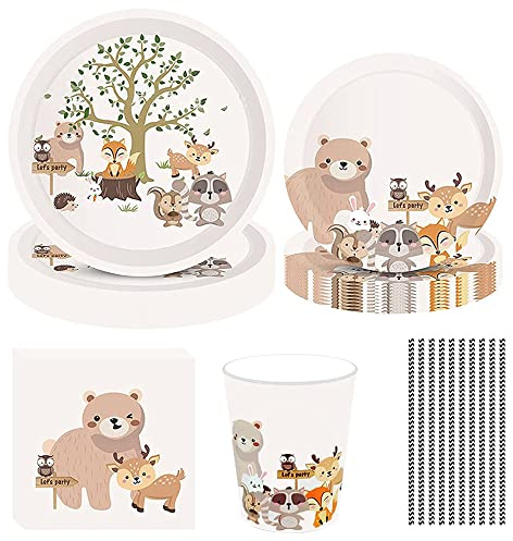 Bhina 69 piezas de vajilla de papel con temática de animales, juego de vajilla de cumpleaños, juego de cumpleaños para niños, vajilla de papel, adecuada para fiestas infantiles, decoración (8