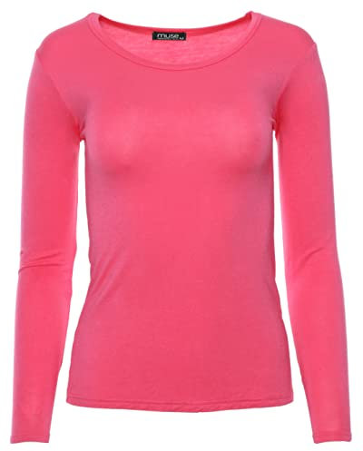 Easy Young Fashion - Damen Basic Rundhals Shirt - Langarm Unterziehshirt - Skinny Fit 1093 - Erdbeerrot M