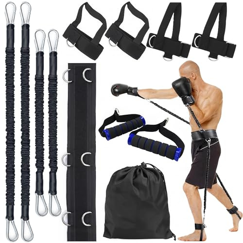 MuscleForge Allenamento Boxe Casa – Fasce Boxe Set da 12 pezzi con elastici di resistenza – Accessori boxe con cintura, cavigliere e polsiere – Fitness domestico per velocità, potenza e agilità
