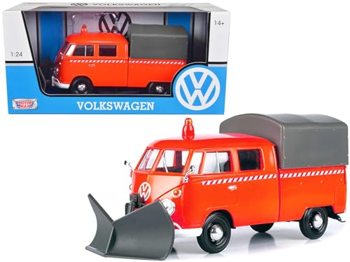 Motormax VW T1 Pritsche Plane orange mit Schneepflug Modellauto 1:24