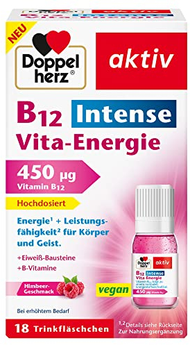 Doppelherz B12 Intense Vita-Energie – hochdosiert mit 450 µg Vitamin B12 pro Trinkfläschchen – 18 Ampullen – vegan