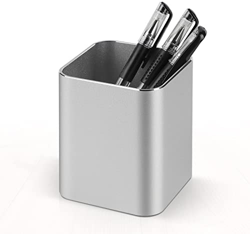 efuturetime Pot à Crayon Carré en Métal, Porte Stylo Bureau Argent, Organiseur Pinceau Maquillage, Porte Stylo pour Enfant, Bureau, École, Maison