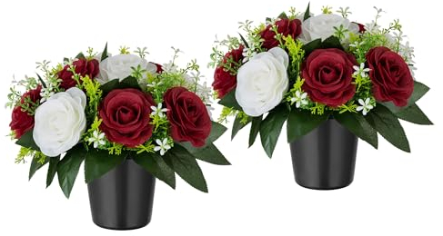 BLOSMON Künstliche Blumen im Topf für Grabschmuck: 2 Stücke Rote Kunstblumen Künstlich Rosen Grabgestecke mit Vase für Grab Friedhof Deko Grabgesteck Blumenstrauß mit Grabvase für Grabstein Grabdeko