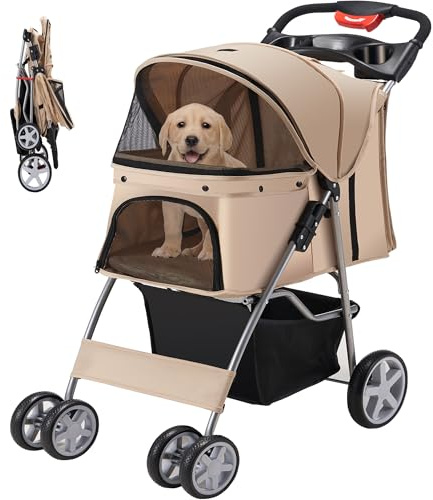 Azaeahom Pet Stroller, 4 Wheels Pet Strolling Cart for Medium/Small Dogs and Cats, Foldable Cat Jogger/Dog Stroller with Cup Holder, Storage Basket, Breathable Mesh, All-Season Pet Carrier, Khaki