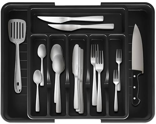 Deleca Besteckkasten für Schubladen 57 x 38 cm - Besteckeinsatz mit Deckel - Kunststoff Schwarz, Schubladeneinsatz Küche mit 8 Fächern, Besteck Organizer/Küchenschubladeneinsätze/Cutlery Organizer