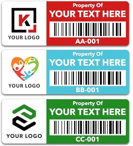 Custom Asset Tags (Upload Your Logo) - Asset Labels with Barcodes - 2” x 0.7” (50-5000 Labels)
