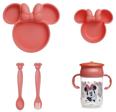 Disney Minnie Kindergeschirr-Set – unterteilter Teller – Schüssel – Löffel – Gabel und Tasse 360° – lustiges und praktisches Design für Babymahlzeiten