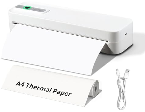 SLCZCZ Impresora Portátil Inalámbrica, Impresora Térmica de Viaje, Impresión sin Tinta Bluetooth & USB Soporte de Impresora A4/A5 Papel Térmico, Compatible con Android & iOS Teléfono/Laptop White