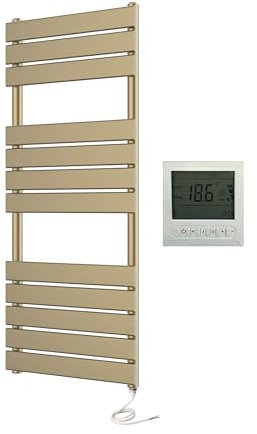 Greened House Richmond Electric Heated Towel Rail Brushed Brass Flat Panel Bathroom Radiator (500mm W x 1200mm H + 7 Day Timer)