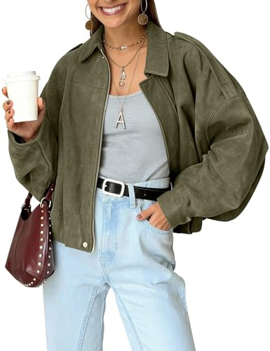 Kissonic Women's Oversized Jackets Faux Suede Bomber Jacket Lapel Pilot Cropped Casual Coat for Streetwear Outerwear(Green-L)