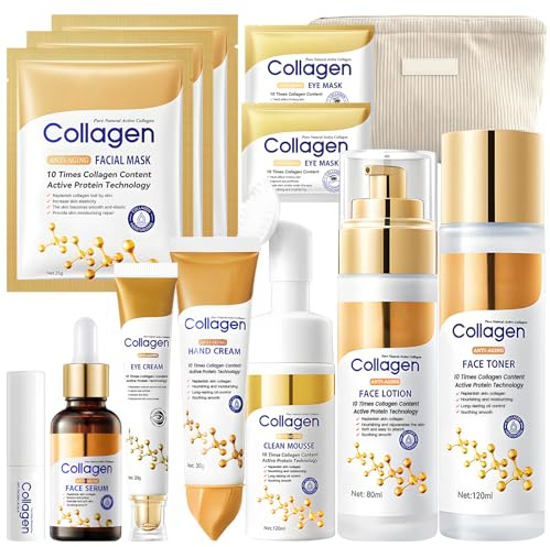 Coffrets de Soins pour la Peau, 13 Pièces Collagène Skincare Kit con Serum Collagene Visage, Cleanser, Lotion Tonique Visage, Masque Collagène, Creme Yeux, Eye Patch, Creme Mains etc, Nourrir la peau