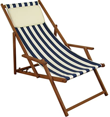 Erst-Holz Strandstuhl blau-weiß Gartenliege Sonnenliege Kissen Deckchair Buche dunkel klappbar 10-317 KH