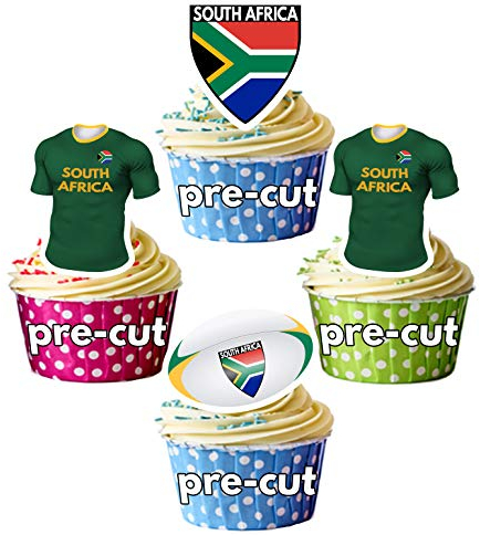 AK Giftshop PRECUT Rugby Shirt Ball Flag Team South Africa - Edible Cupcake Toppers/Cake Decorations (Pack of 12)