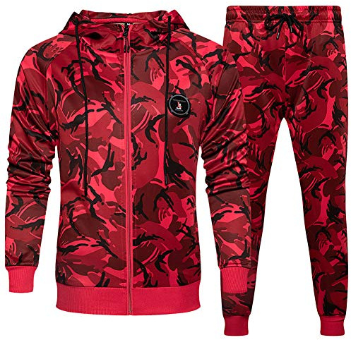 Men's 2Pcs Jogger Set Full-Zip Camouflage Sweatshirt Top Pants Sets Sports Suit Tracksuit, Camo Red-L