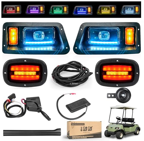 10L0L Deluxe Golf Cart Light Kit for Yamaha G14 G16 G19 G22, Full Headlight Taillight with RGB Daytime Running Lamp Low High Beam Turn Signal Horn Brake Pad Hazard Light Function
