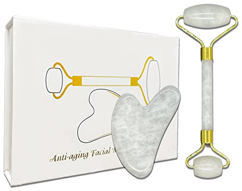 KUNSTIFY Premium Gua Sha Set Weiß - Jade Roller und Jade Stein, Naturstein für Anti Aging