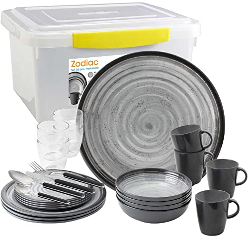 Camping Melamin-Geschirr Set 36-teilig Teller & Besteck - Unzerbrechlich für Wohnmobil, Wohnwagen, Bulli & Camper - Spülmaschinenfest & Kompakt - Retro, Boho | SUNDREAM Zodiac