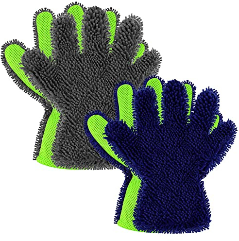 Ferraycle 2 Packs Car Wash Mitt 5 Finger Microfiber Wash Mitts Auto Car Dusting Gloves Double Sided Cleaning Gloves for Kitchen Home(Blue and Gray)