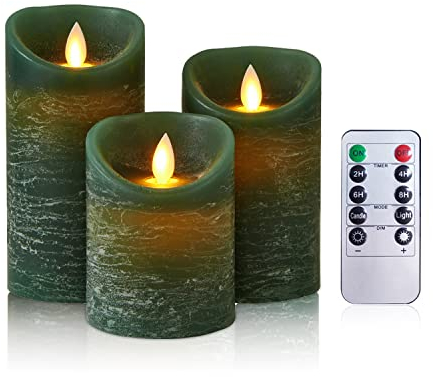 AiiBowy Candele LED Candele Senza Fiamma [3 pezzi] Fiamma tremolante, Telecomando, Funzione timer timer dimmer, Candele All'aperto, Natale, Compleanni, Feste, Fatrimoni (Verde)